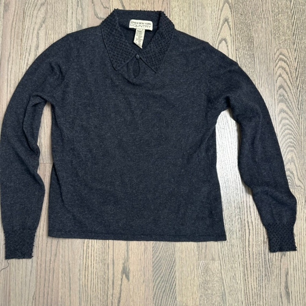 Jones New‎ York Country Beaded Collar Wool Blend Sweater Top Gray Small
